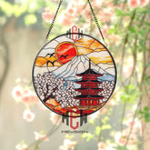 Mount Fuji Japanese Temple Suncatcher Cherry Blossom Stained Glass Art Oriental Window Hanging Decor Asian Landscape